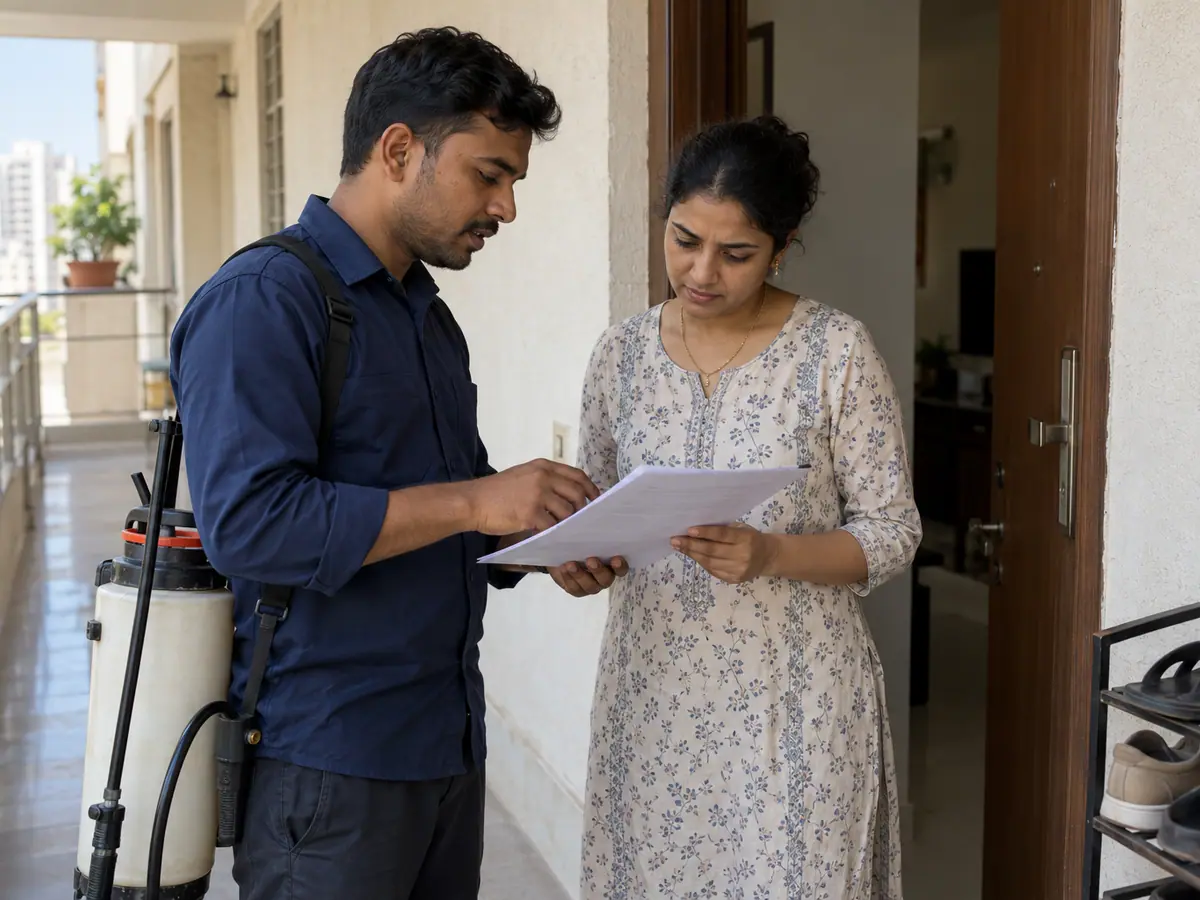 Technician reviewing a service report with a homeowner in a Pune flat