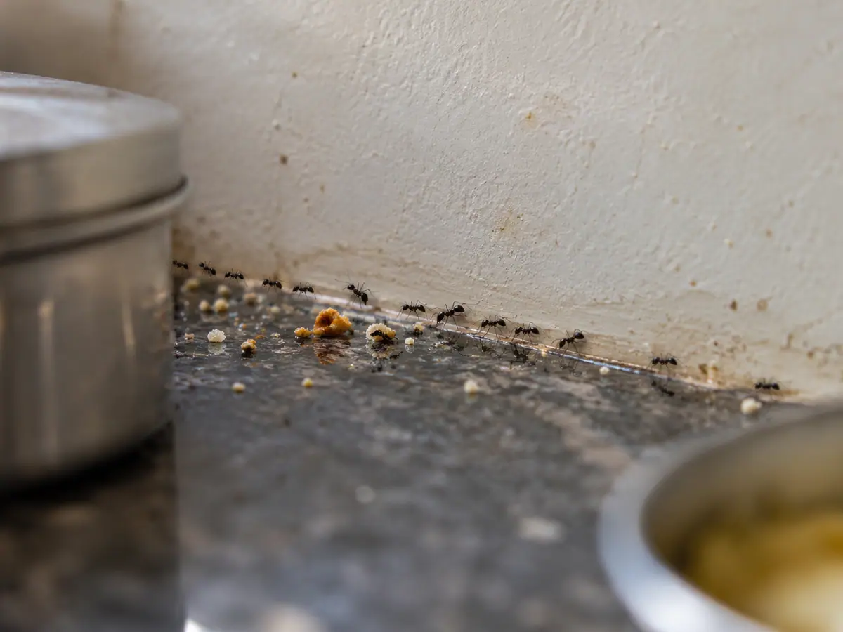 Line of ants following a trail along a kitchen wall