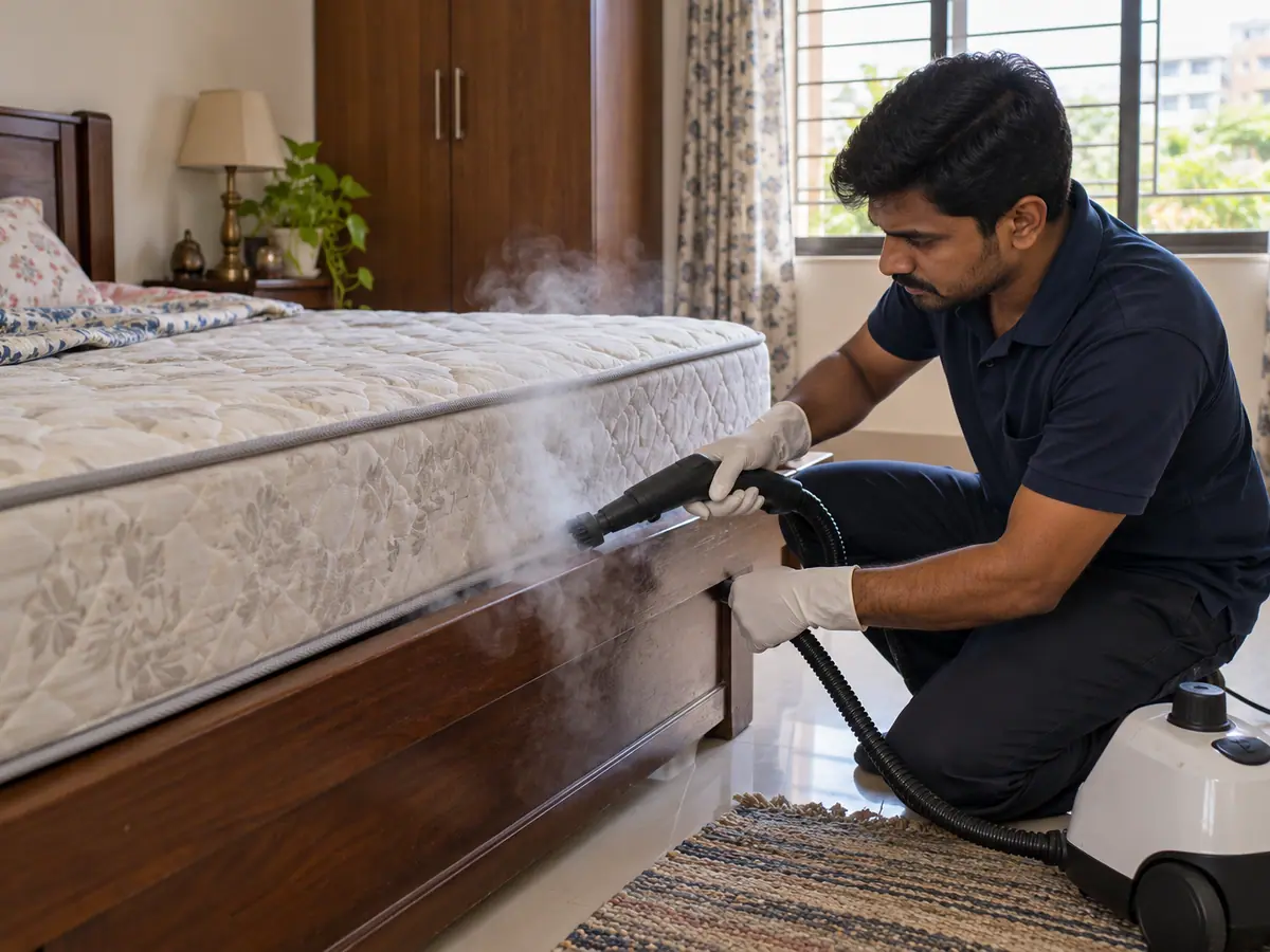 Technician steaming the edge of a sofa and mattress to treat bed bugs