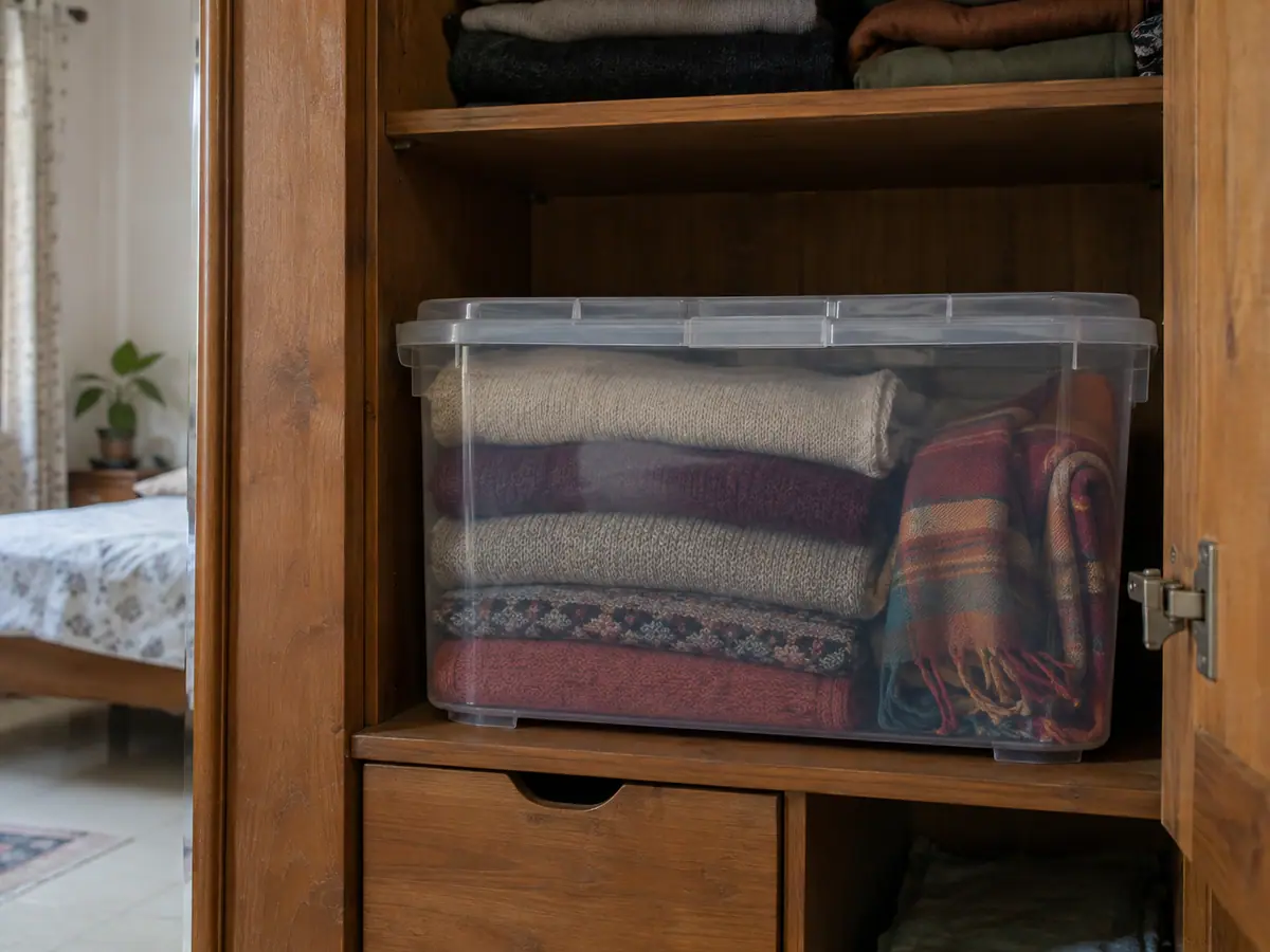 Woollen clothes stored in a sealed container