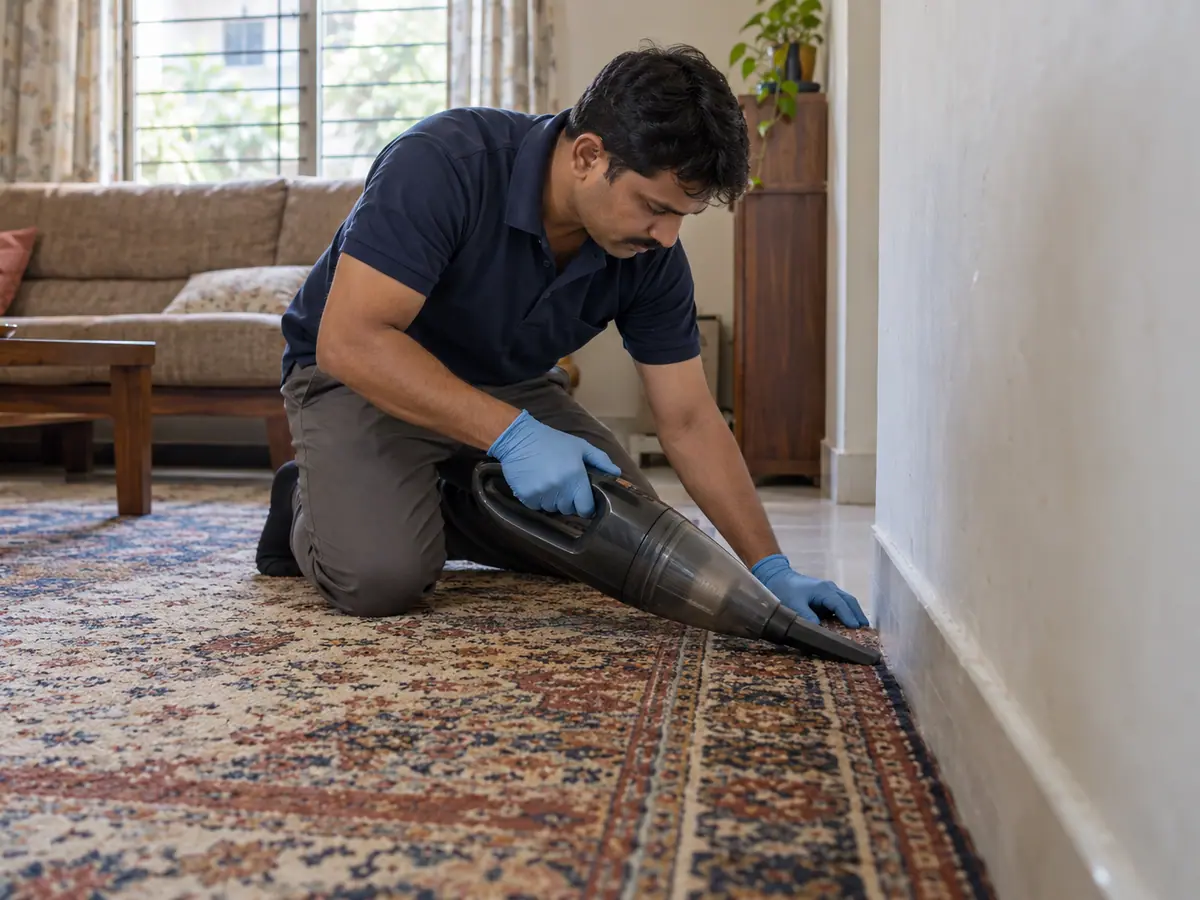 Technician vacuuming a carpet edge to remove carpet beetle larvae