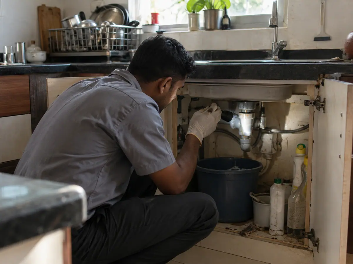 Technician checking under a kitchen sink for cockroach activity