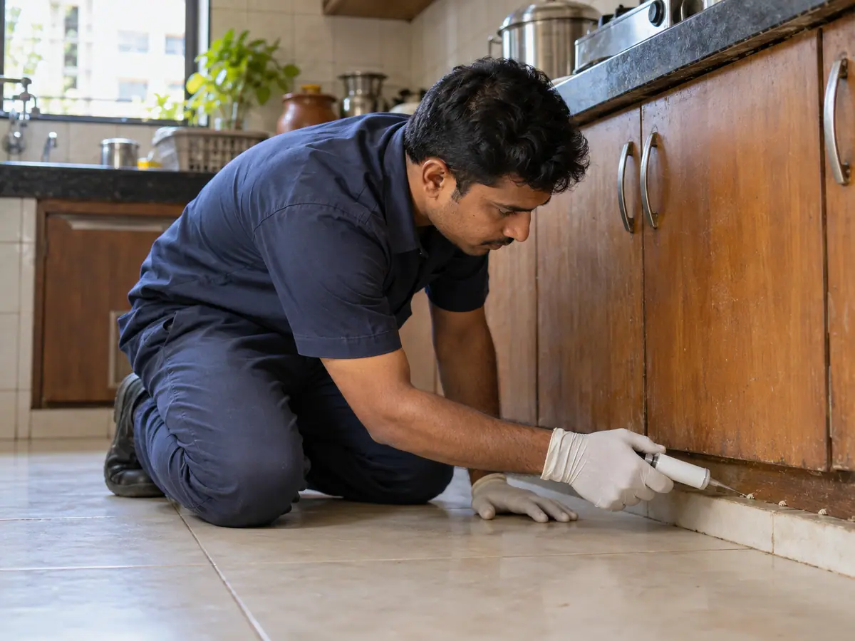 Technician applying gel bait along the edge of a kitchen cabinet to treat cockroaches