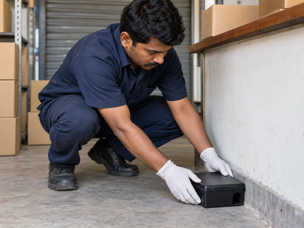Technician placing a rodent bait station along a shop wall