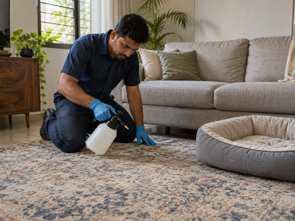 Technician treating a carpet and pet bed area for fleas
