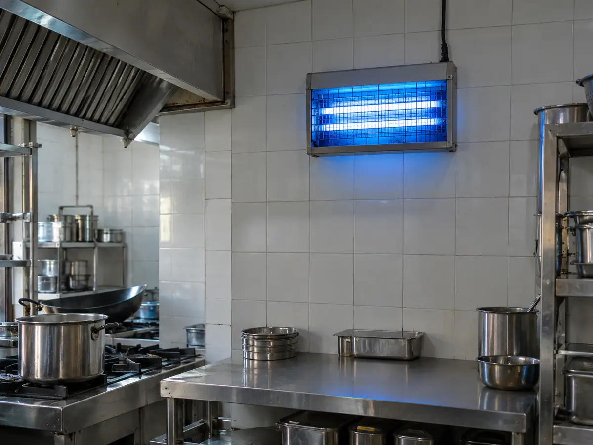 Electric fly killer mounted in a clean kitchen