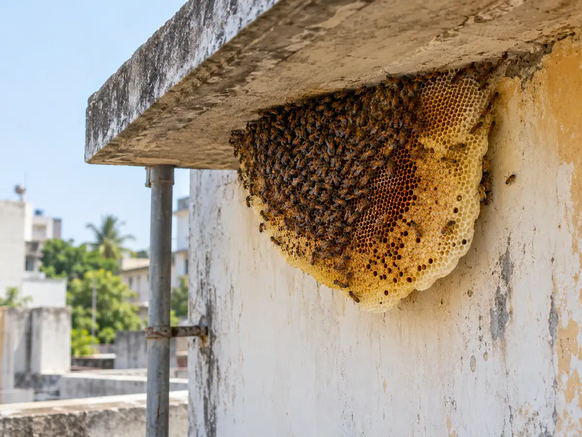 Honeycomb attached to a terrace wall before removal