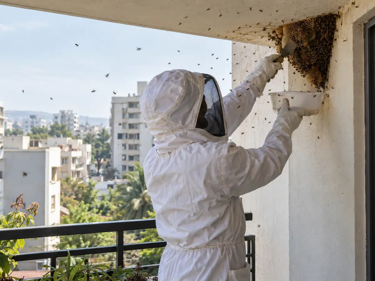 Technician in a protective suit removing a beehive from a balcony