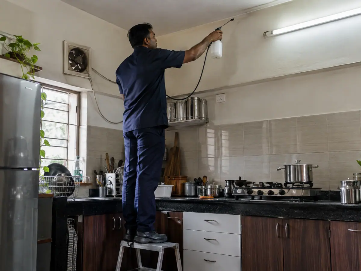 Technician applying lizard repellent along a ceiling edge in a kitchen