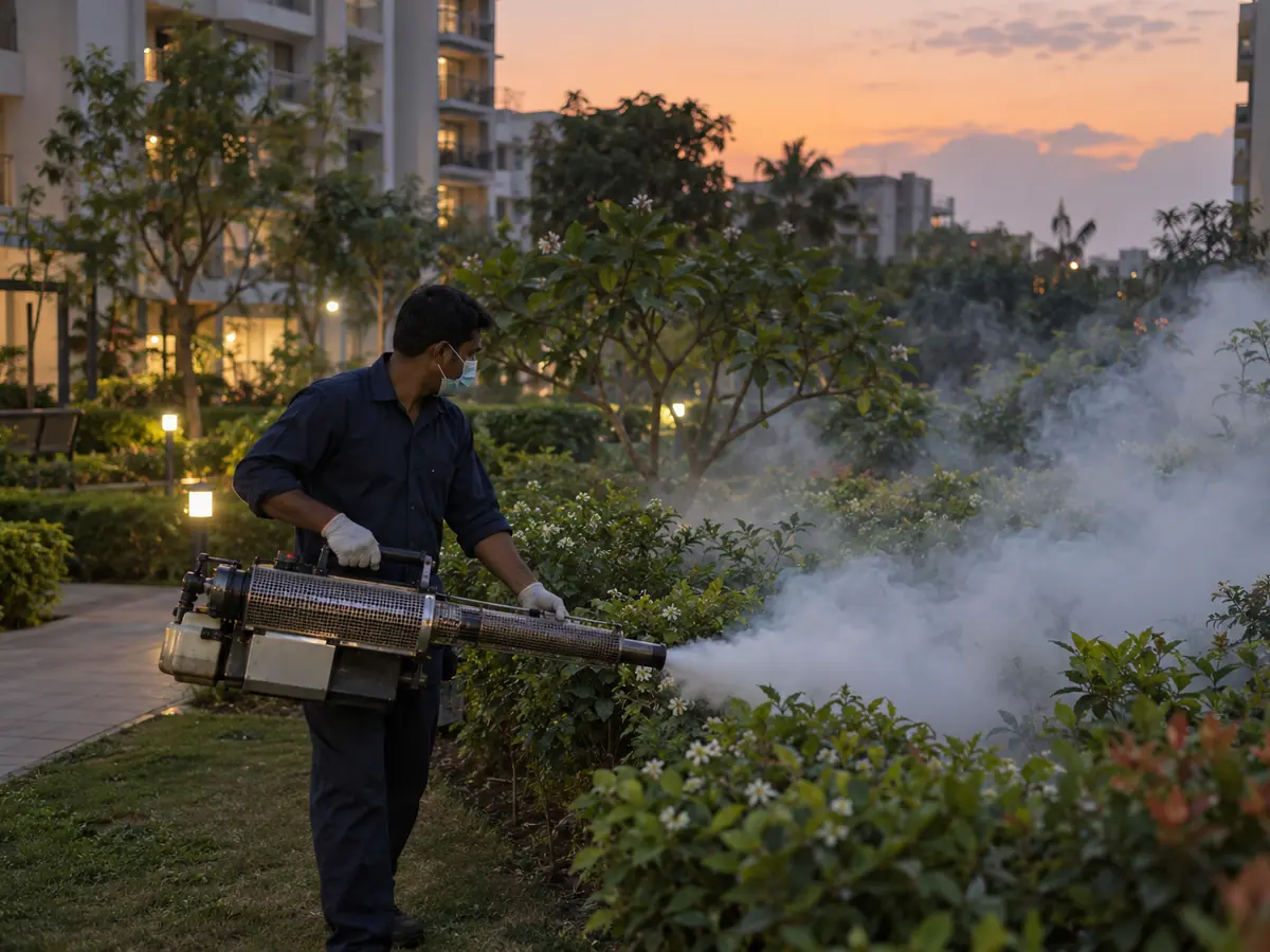 Technician fogging a garden area to control mosquitoes