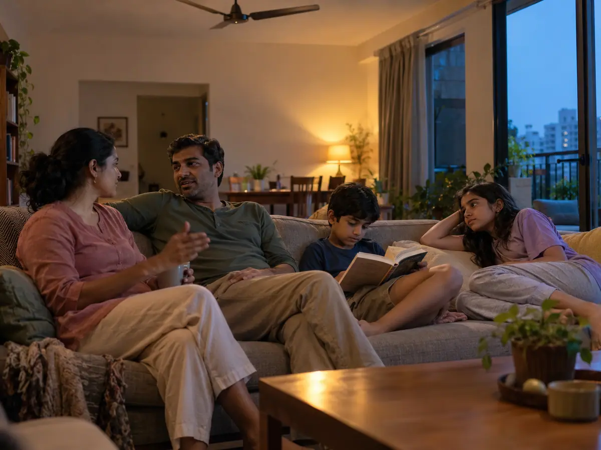 Family relaxing in a clean Pune living room after pest treatment