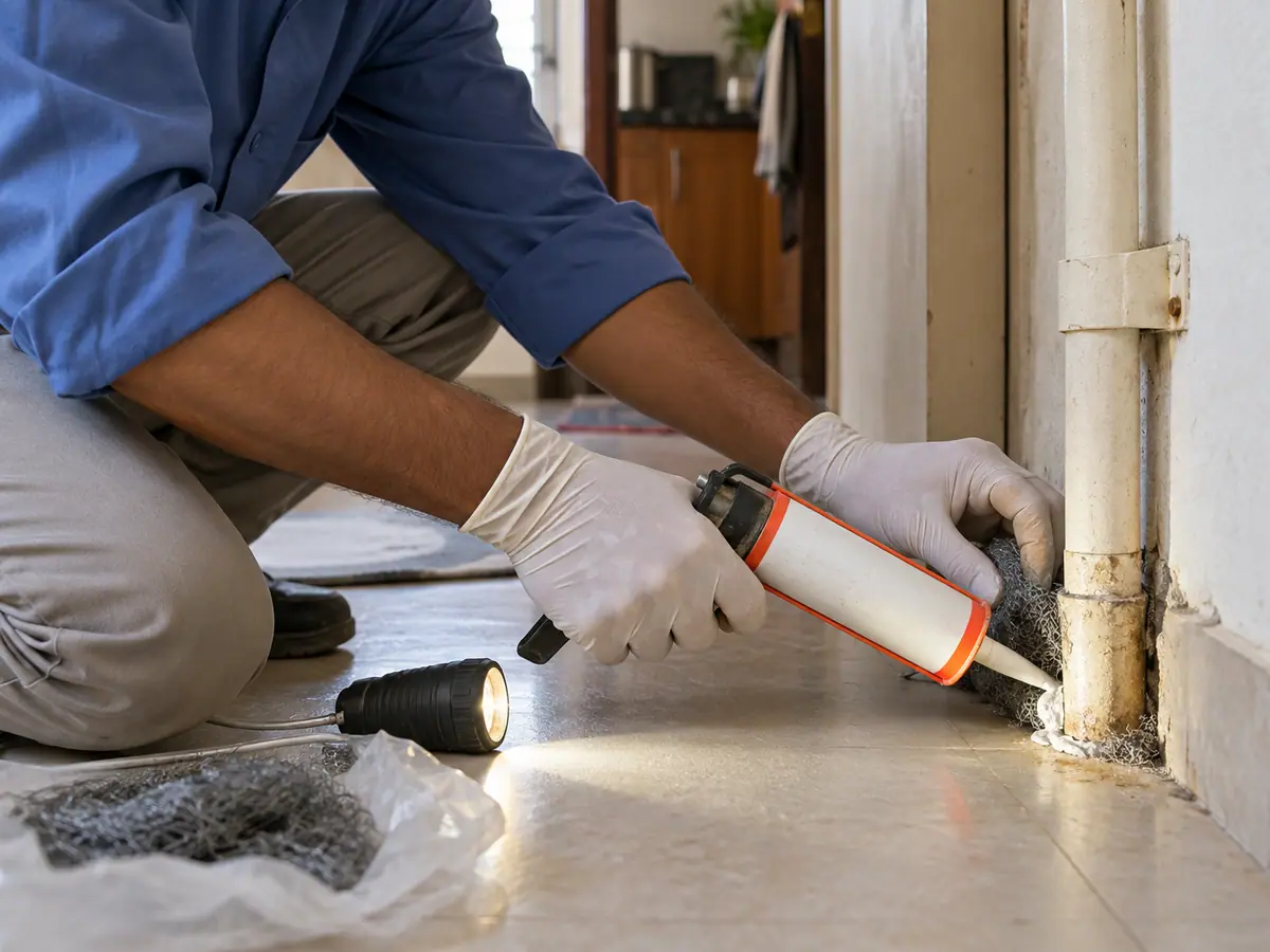 Technician sealing a gap around a pipe to block rat entry