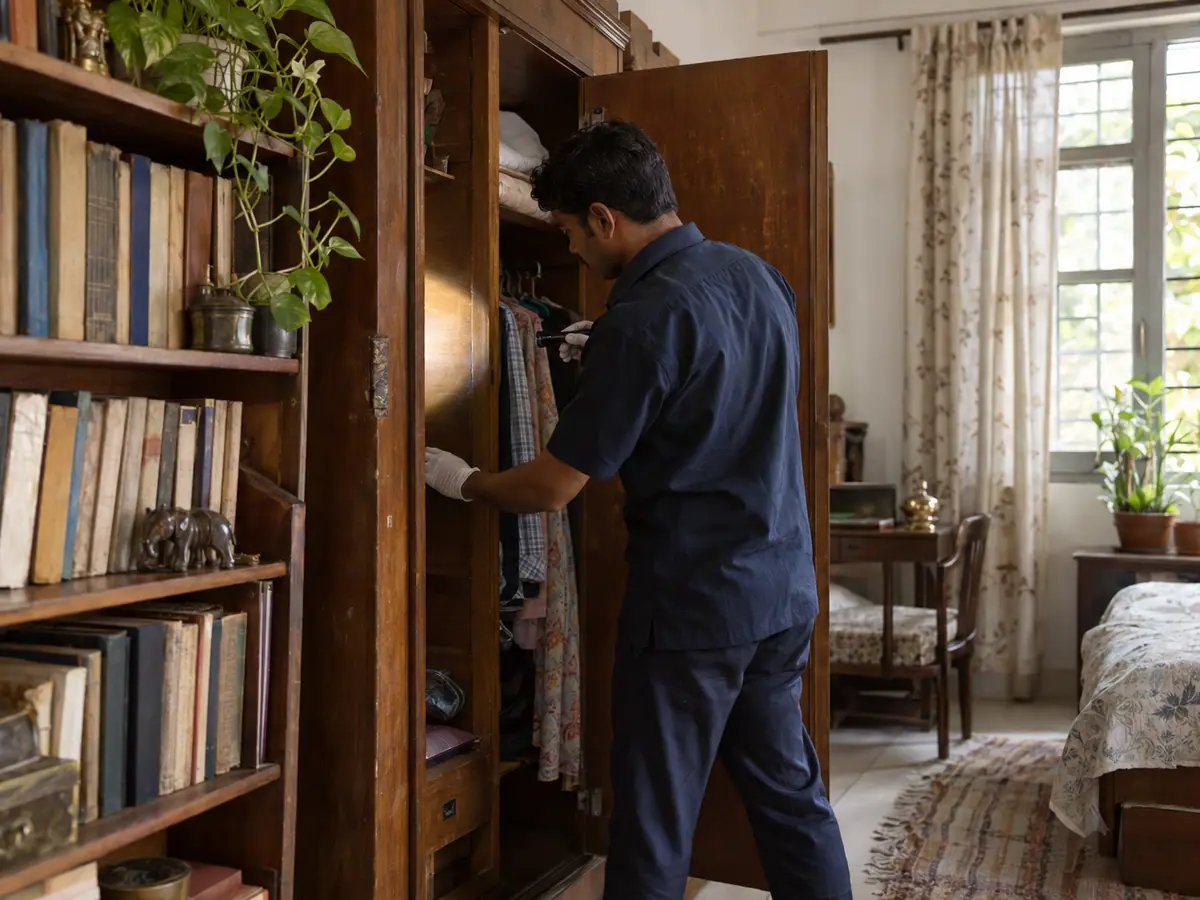 Technician inspecting a wardrobe and bookshelf for silverfish