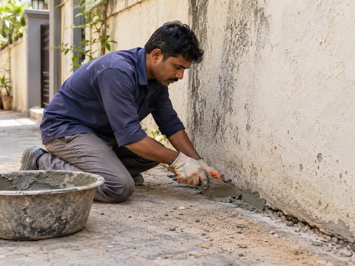 Technician sealing a gap at the base of a compound wall