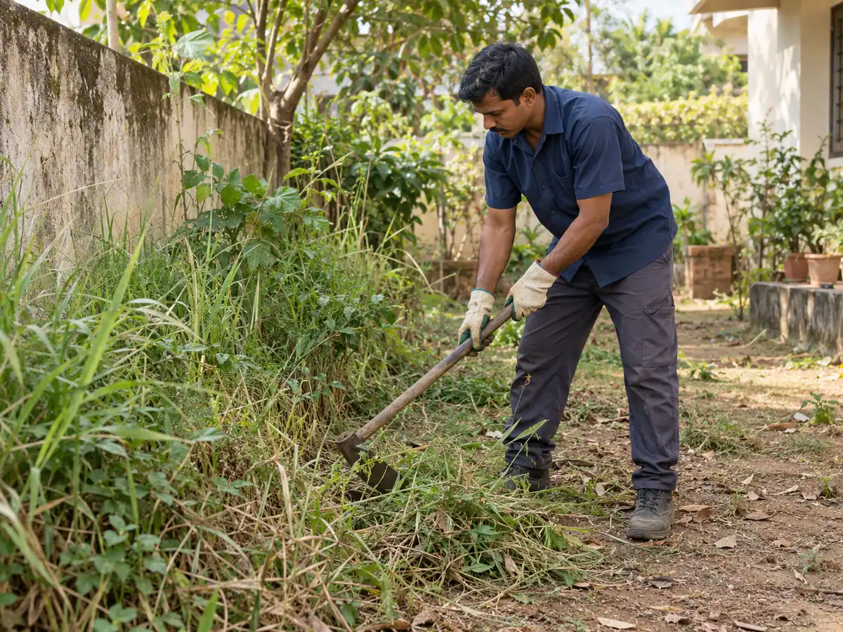 Technician clearing tall grass and debris along a garden boundary wall