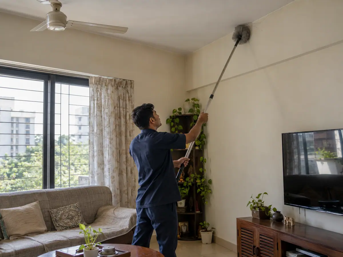 Technician removing cobwebs from a ceiling corner