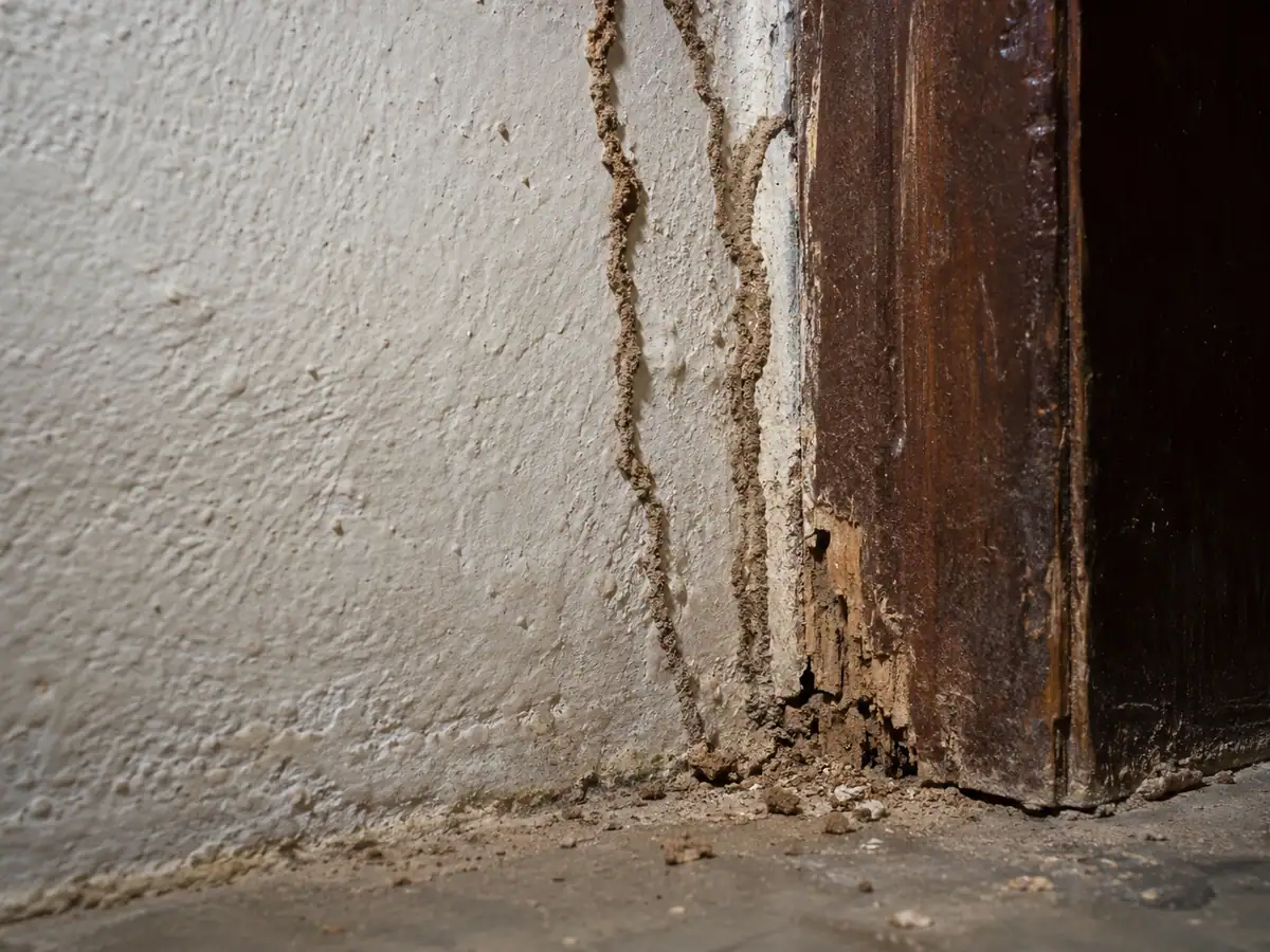 Mud tubes and damaged wood on a door frame caused by termites