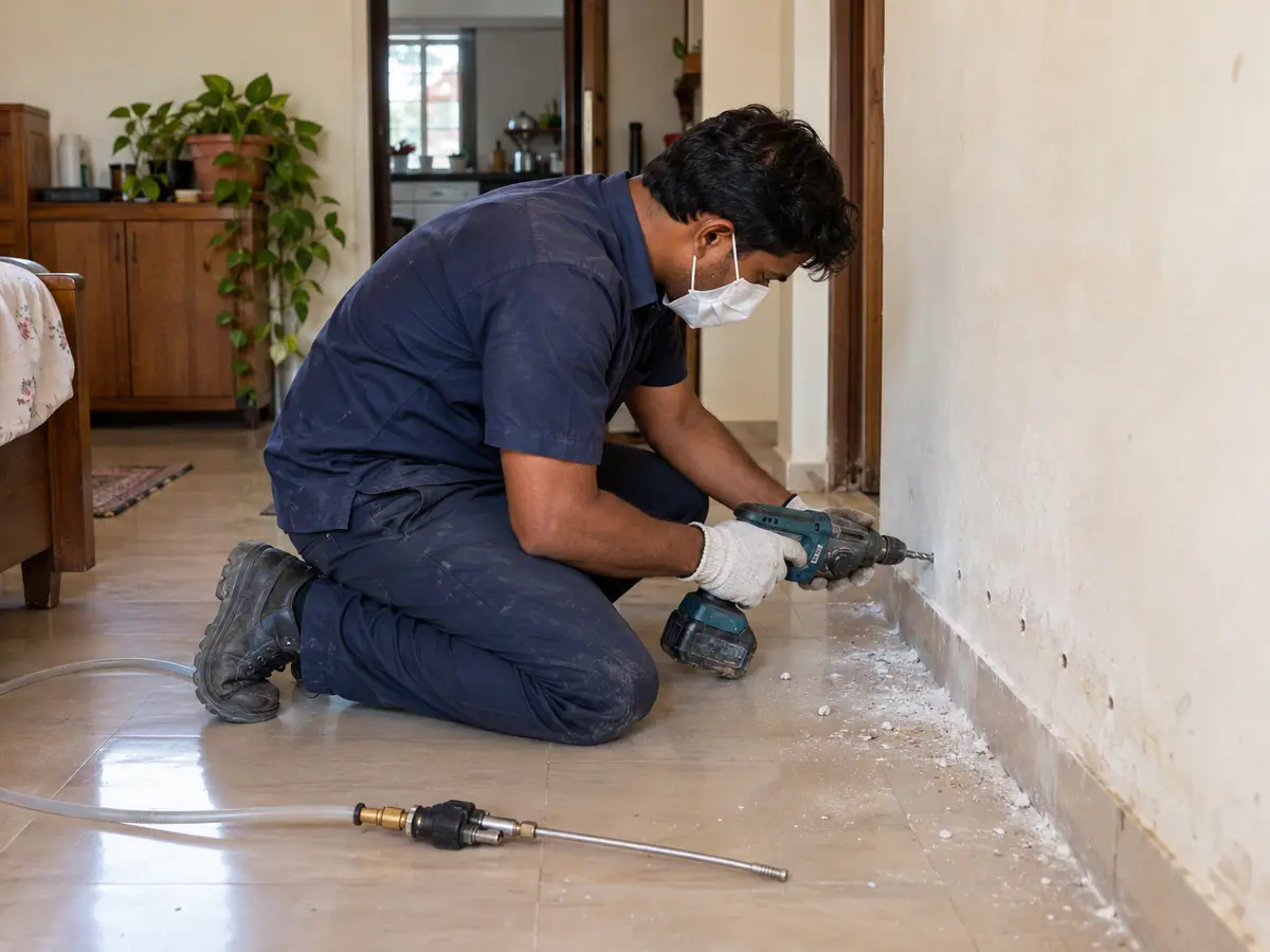 Technician drilling and injecting treatment along a wall to control termites