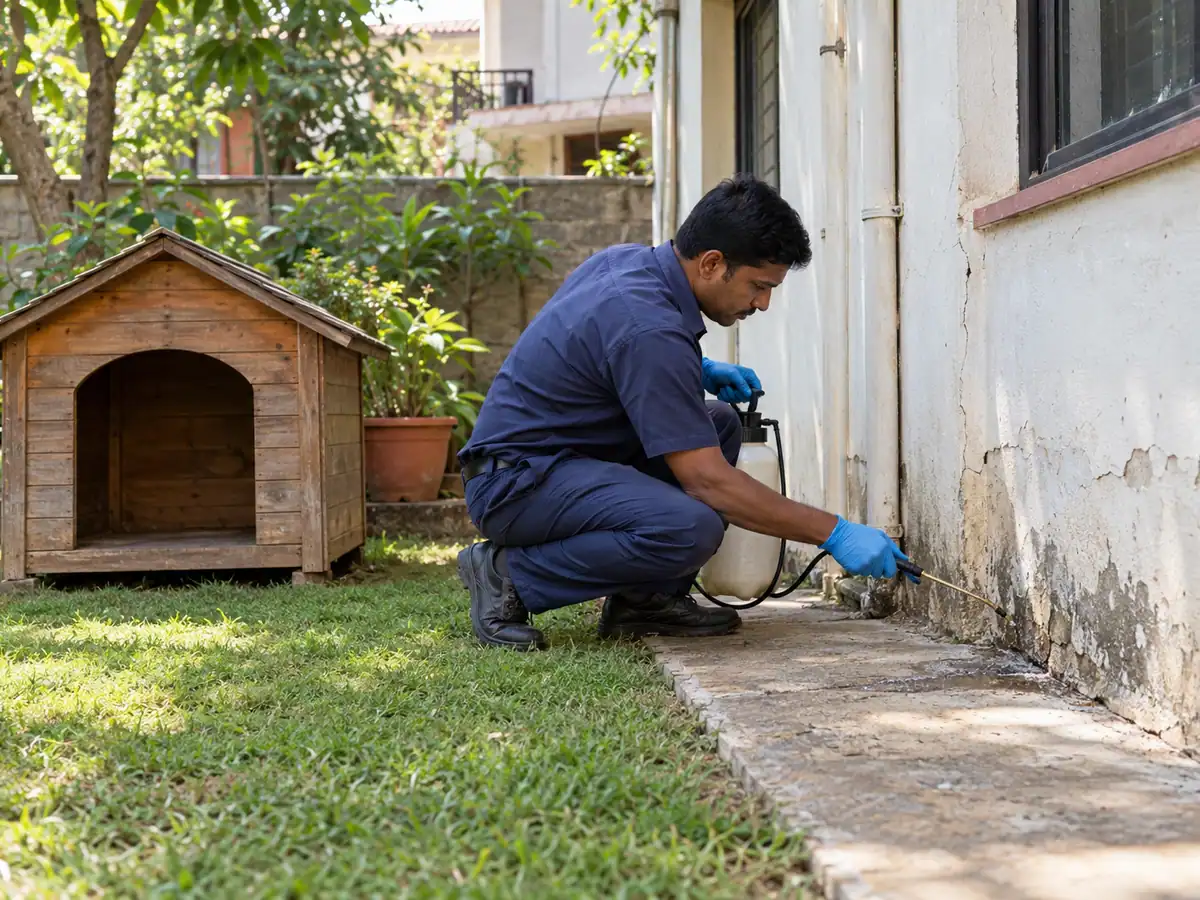 Technician treating a dog kennel and wall cracks for ticks