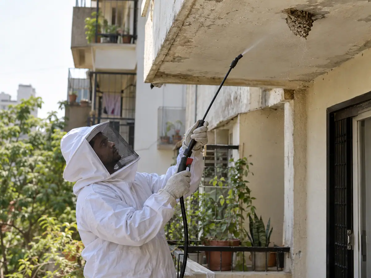 Technician in a protective suit treating a wasp nest under a balcony roof